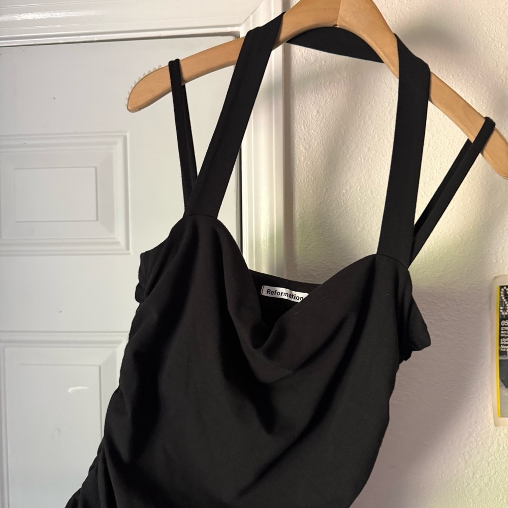 NWT REFORMATION black organic cotton square‎ neck halter ruched bodycon midi - Picture 3 of 6